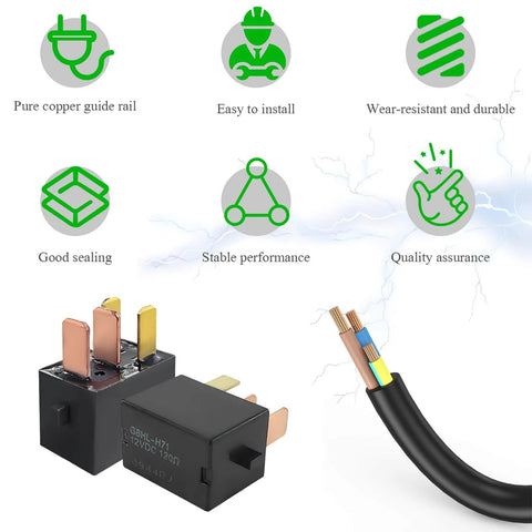 Image of a 2 Pack Car Relay Kit 12V DC 4 Pin Starter And AC Relay with highlighted features like durability and sealing.