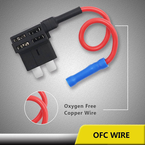 10 Pack 12V Car Add A Circuit Fuse Tap Adapter Kit with Dual Slot ATO ATC Blade Fuse Holders, red wire detail shown