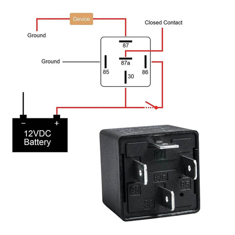 Diagram showing wiring and 4-pin configuration of 2 Pack 4 Pin 12V Car Relay 40 Amp JD2912-1H-12VDC Heavy Duty Auto Switch.