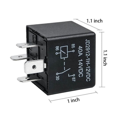 Front view of 2 Pack 4 Pin 12V Car Relay 40 Amp JD2912-1H-12VDC Heavy Duty Auto Switch Harness Ready 14VDC Compatible, showing size