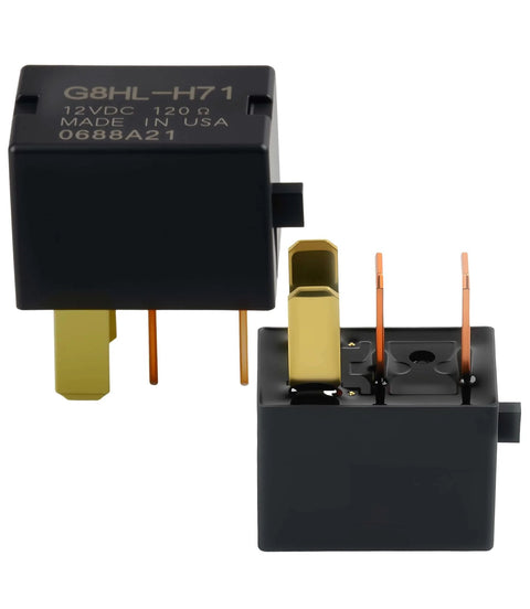 Close-up of a Four Pack 12V DC Automotive Relay Kit G8HL-H71 For AC Compressor And Fan Motor With 39794-SDA-A03 And 39794-SDA-A05 Replacement.