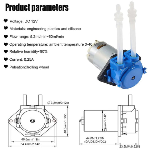 2PCS 12V DC Dosing Pump Peristaltic Dosing Head Low Flow Peristaltic Pump Liquid Small with Connector for Aquarium Lab Analytic