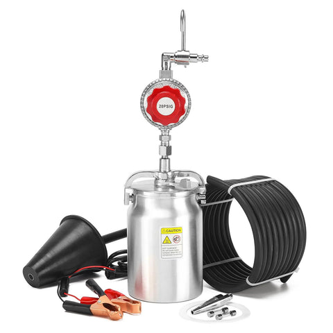 Automotive 12V EVAP smoke tester with metal canister, red dial knob, universal cone adapter, and long coiled hose