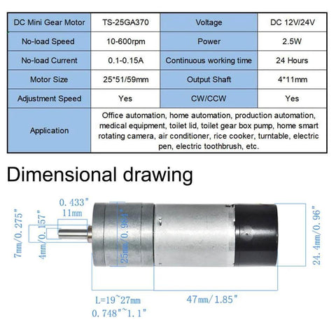 Dimensional drawing of 12V DC High Speed 300RPM Gear Motor with Encoder for Arduino and 3D Printers, showcasing size and specifications.