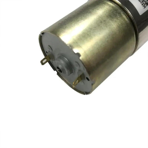 Close-up of 12V DC geared motor with 37mm diameter gearbox, metal casing, visible mounting points, and connectors.