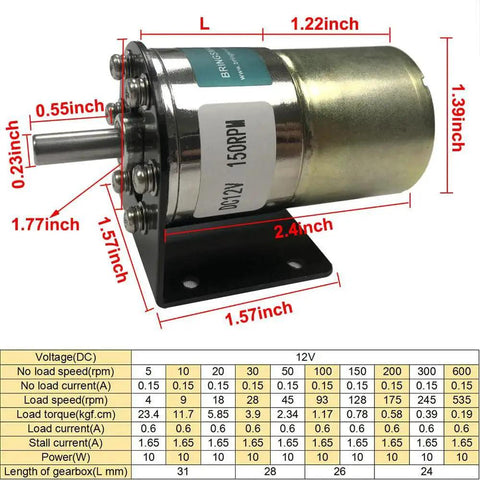 12V DC Geared Motor With 37mm Diameter Gearbox And Mounting Bracket, 600 RPM No Load Speed, 535 RPM Load Speed, diagram view.