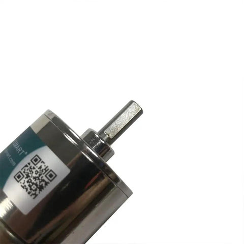Close-up of 12V DC Geared Motor With 37mm Diameter Gearbox And Mounting Bracket, 600 RPM, showing shaft and QR code.