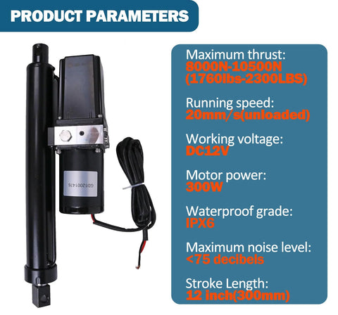 JEENDA DC 12V 12-inch heavy-duty electric linear actuator with mounting bracket, black, 1700–2300 lbs thrust.