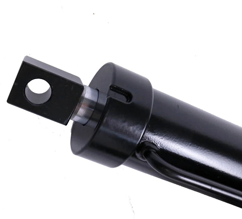 12V DC hydraulic linear actuator with black steel body and clevis end.