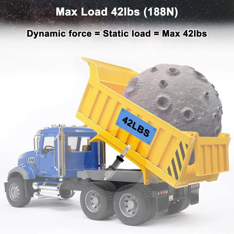 UYGALAXY 12V mini electric linear actuator shown on a blue and yellow dump truck model with rock load; 42LBS label.