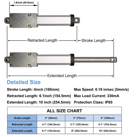 UYGALAXY 12V mini linear actuator, 4-inch stroke, metal body with mounting brackets; retracted and extended views