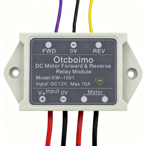 KW-1001 12V DC motor forward/reverse relay module with 10A rating, gray case, multi-color wires.