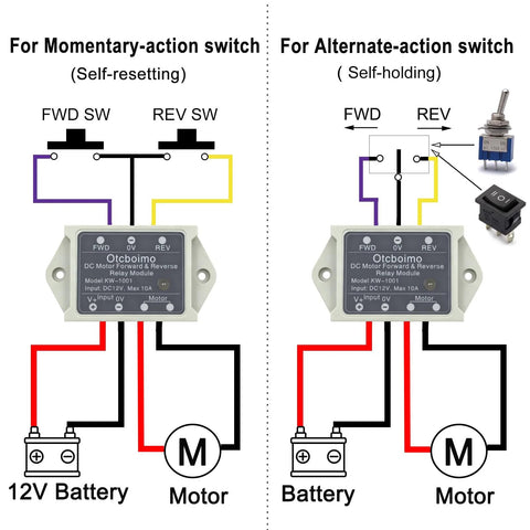 12V DC motor forward/reverse relay module with momentary and alternate-action switch diagrams; Amazon BISS
