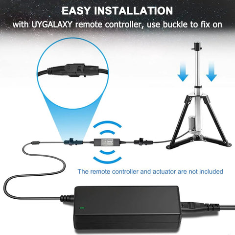 UYGALAXY 12V 5A power supply for linear actuator; black rectangular AC/DC adapter with green LED, connected to a controller module for a lift actuator