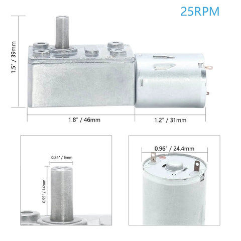 12V 25RPM High Torque DC Motor with dimensions, Mini JGY 370 Motor Worm Gear Small Electric Motors low RPM reducer, technical view.