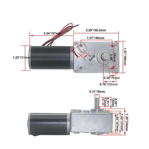 12V DC Worm Gear Motor 5rpm Self Locking Geared Motor With 8mm Output Shaft shown with measurements for detailed DIY projects