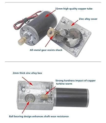Internal components of 12V 16rpm DC Worm Gear Motor 70kg.cm High Torque Turbine Electric Gearbox Motor, showing zinc alloy box and copper tube