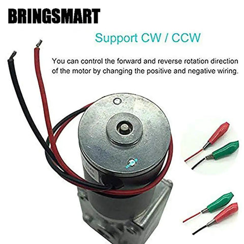 12V DC Worm Gear Motor 5rpm Self Locking Geared Motor With 8mm Output Shaft showing wiring for forward and reverse rotation support.