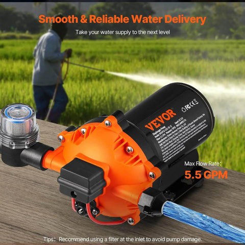 Water Diaphragm Pump, 12V DC, 5.5 GPM Flow, 70 PSI Rated Pressure (40-100 PSI Adjustable), 1/2" MNPT Self Priming Sprayer Pump, FCC Certified