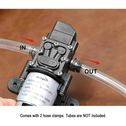 Close-up of bayite 12V DC Fresh Water Pressure Diaphragm Pump with Hose Clamps Self Priming Sprayer Pump with Pressure Switch 4 L/Min 1.0 GPM 80 PSI