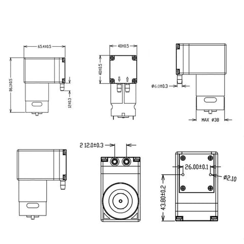 Technical diagram of Compact DC 12V Micro Diaphragm Vacuum Pump For Breast Pump Parts Replacement And Vacuum Adsorption Projects, dimensions shown.