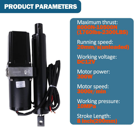 JEENDA 12V DC electric linear actuator, 8-inch stroke, black heavy-duty hydraulic motor with wiring bundle