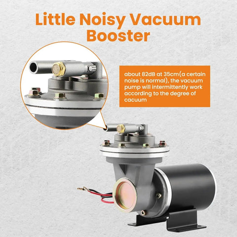 Powerful 12V Electric Vacuum Pump Kit for Brake Boosters with installation kit and all hardware, showing front view and noise specs.