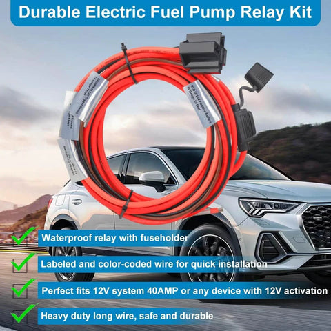 Electric Fuel Pump Relay Kit For 12V Systems With 40 Amp Waterproof Relay, Bypass Harness, Heavy Duty Long Wiring displayed on car