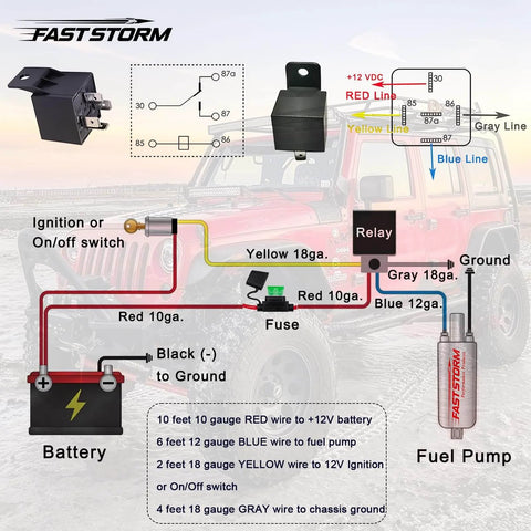 Wiring diagram for Heavy Duty 12V Fuel Pump Relay Kit With 60 Amp Waterproof Relay, Bypass Switch, Long Wiring Harness.