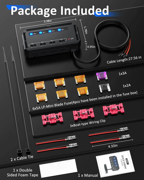 Universal 12V Fuse Block Kit 20A Motorcycle Relay Box With LED Warning Indicator 4-Circuit Power Supply contents