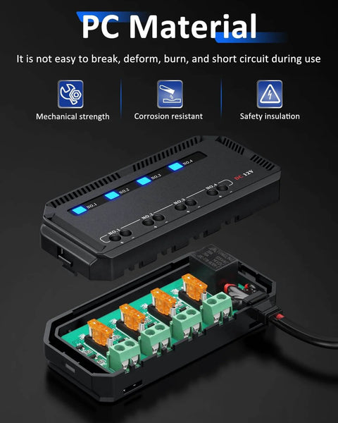 Universal 12V Fuse Block Kit 20A Motorcycle Relay Box With LED Warning Indicator 4-Circuit Power Supply open view