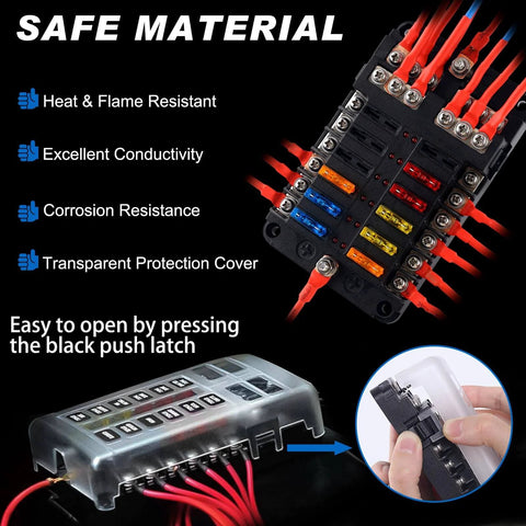 All In One 12V Fuse Block With Led Indicator, Weatherproof Cover, 12 Circuits Panel With Negative Bus and blade inserts