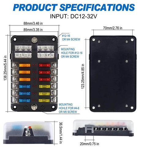 Product specifications for All In One 12V Fuse Block With Led Indicator, Weatherproof Cover, 12 Circuits Panel with dimensions.