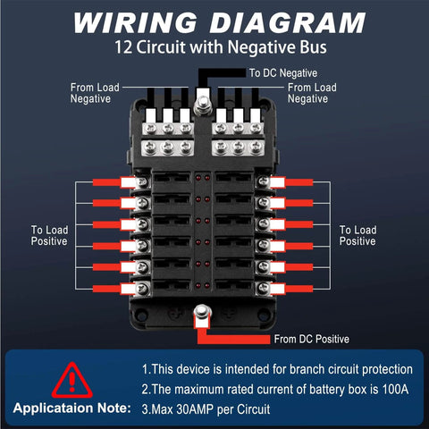 All In One 12V Fuse Block With Led Indicator, Weatherproof Cover, 12 Circuits Panel With Negative Bus, Wiring Diagram