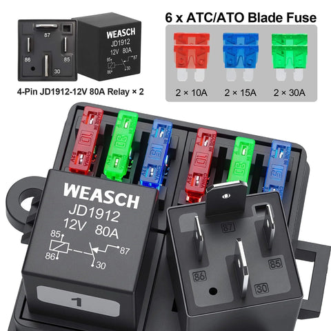 Close-up image of 12V Pre Wired Fuse Relay Box with two 4-pin 80A relays and six ATC ATO blade fuses for automotive use.
