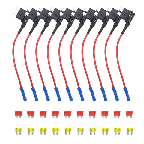 10 Pack 12V Car Add A Circuit Fuse Tap Adapter Kit with Dual Slot ATO ATC Blade Fuse Holders and Ten 10A and 20A Fuses