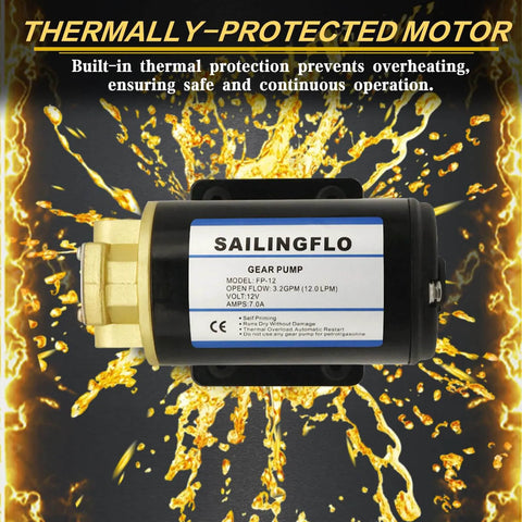 12V Gear Pump-3.2 GPM Self-Priming Impeller Oil Transfer with thermal protection label on explosion background