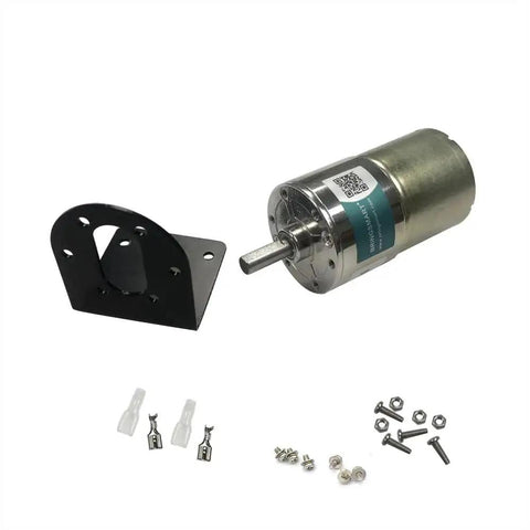 12V DC geared motor with 37mm diameter gearbox and mounting bracket, 600 RPM no load speed, includes JGB37-520 gear motor, screws shown