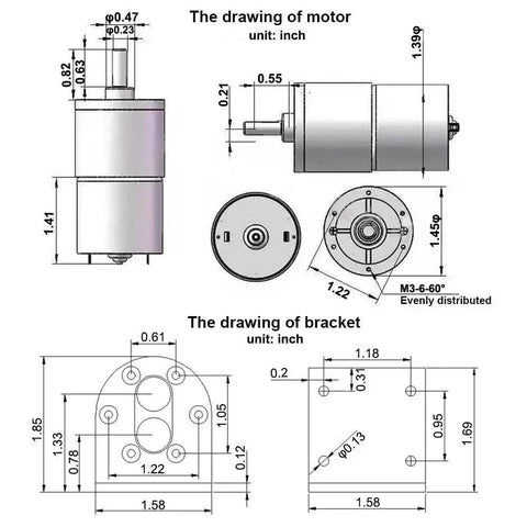 Technical drawing of 12V DC Geared Motor with 37mm Diameter Gearbox and Mounting Bracket, showcasing measurements.