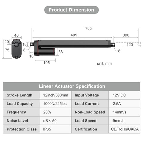 Justech 12V heavy-duty linear actuator with 300mm stroke and mounting bracket, IP65