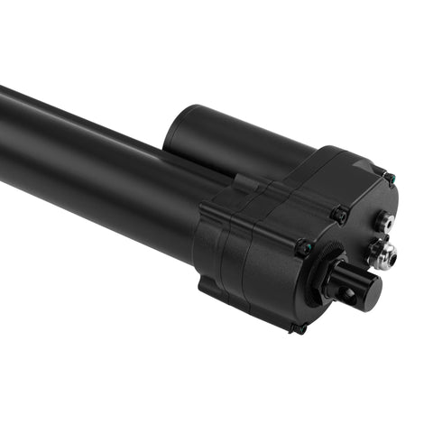 Beefy 12V Heavy Duty Linear Actuator With 4 Inch Stroke And 1574 Lb Push Pull Capacity 2248 Lb Holding side view of actuator motor and shaft.