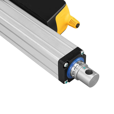 Close-up of the Beefy 12V Ultra High Force Linear Actuator With 18 Inch Stroke And 3800 Lb Thrust, IP67 Water Resistant.