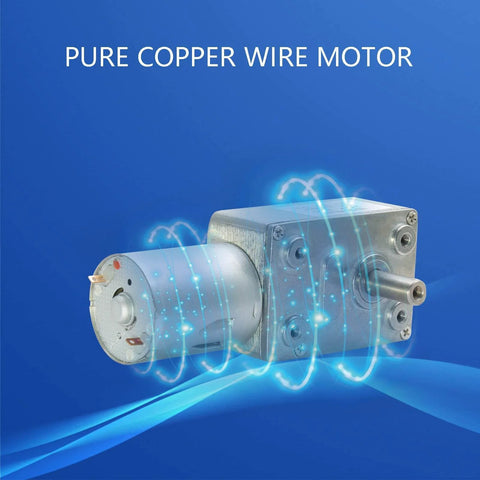 12V 25RPM High Torque DC Motor with Worm Gear, side view against blue background, showcasing copper wiring