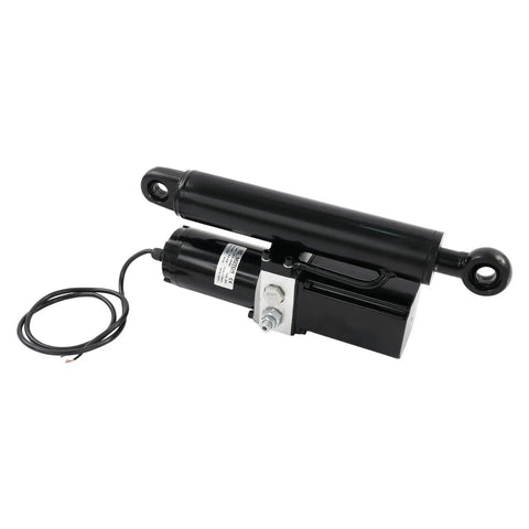Beefy 12V Electric Hydraulic Linear Actuator With 8 Inch Stroke 2 Ton Load Capacity 4400 Lbs 25 Mm Per Second Travel Heavy Duty DC Motor For Automotive And Industrial Use, shown in black with cord and mounting brackets.