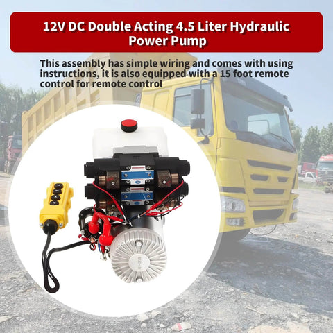 12V DC 4.5Liter Reservoir Hydraulic Power Pump Double Acting 4 Way Unit for Dump Trailer with remote control in front of truck