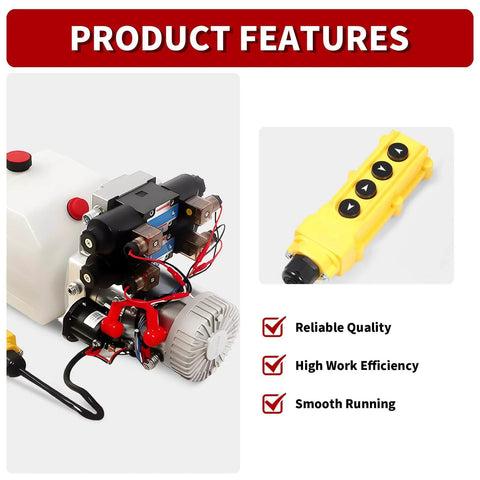 12V DC 4.5Liter Reservoir Hydraulic Power Pump Double Acting 4 Way Unit with remote control, showing product features