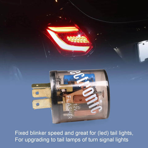 12V 3 Pin LED Flasher Relay For Cars next to rear car tail light, heavy duty round turn signal blinker, supports up to 20 amps.