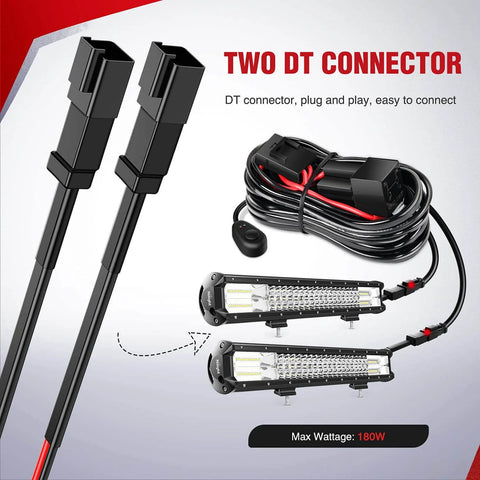12V LED Light Bar Wiring Harness Kit With On Off Switch, Power Relay And Blade Fuse Universal Vehicle And Boat Fit, Dual Light Output Connectors For Two Fixtures Under 180W, DT Connector For Stable Connection image showing dual DT connectors, coiled cables, and light bars