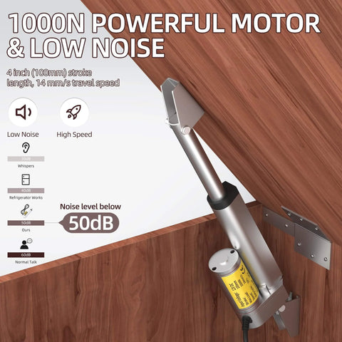 12V Linear Actuator, 4" Actuator 14 mm/s High Speed Linear Actuator installed, showing aluminum build and noise level