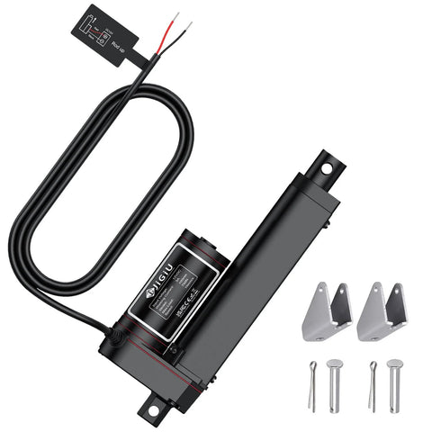 JiGiU 12V heavy-duty linear actuator with 100 mm stroke, black metal body, includes mounting brackets and hardware